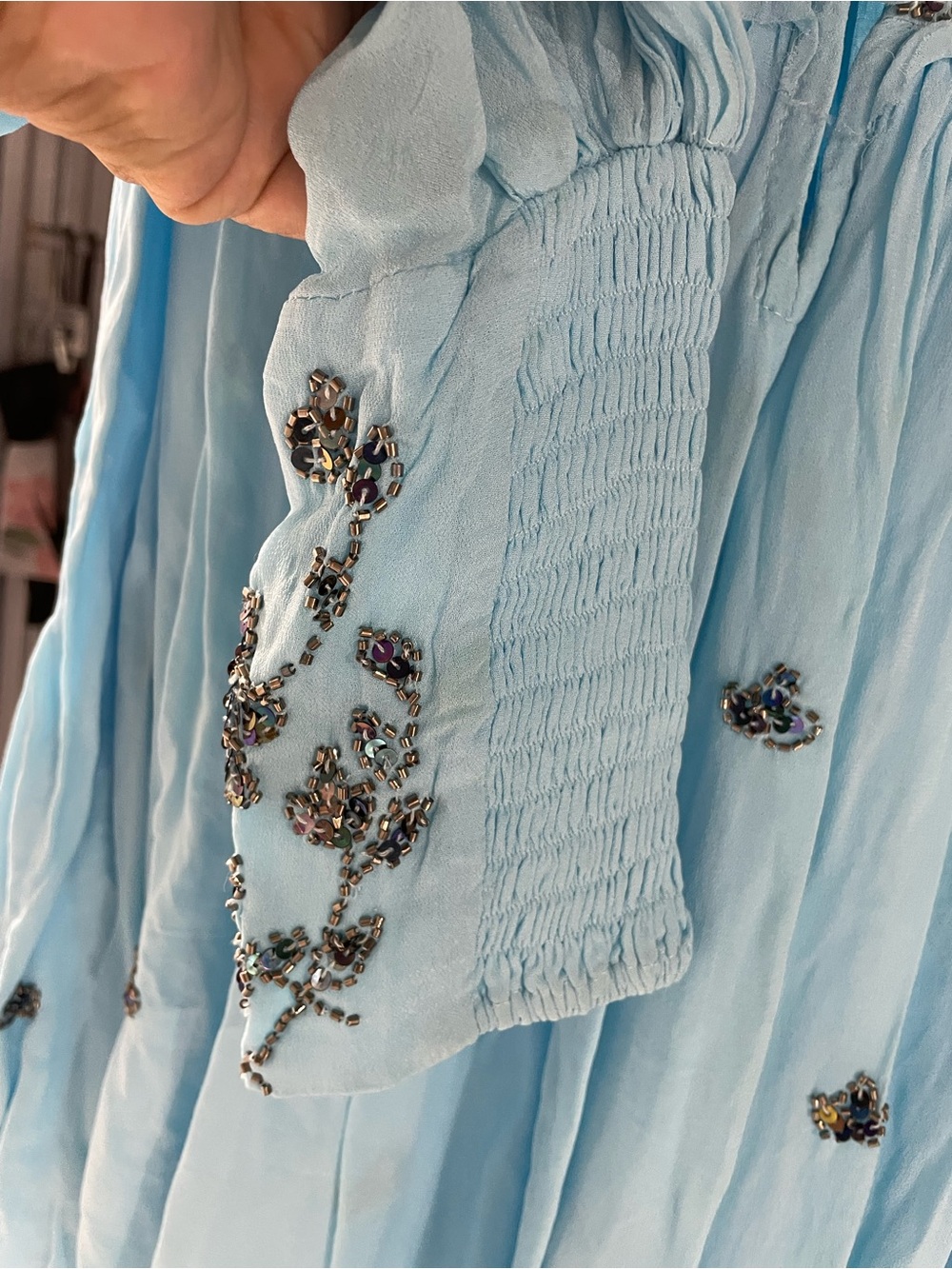 Free People Sky Blue Sequin Embellished Boho Mini Dress - Picture 5 of 6